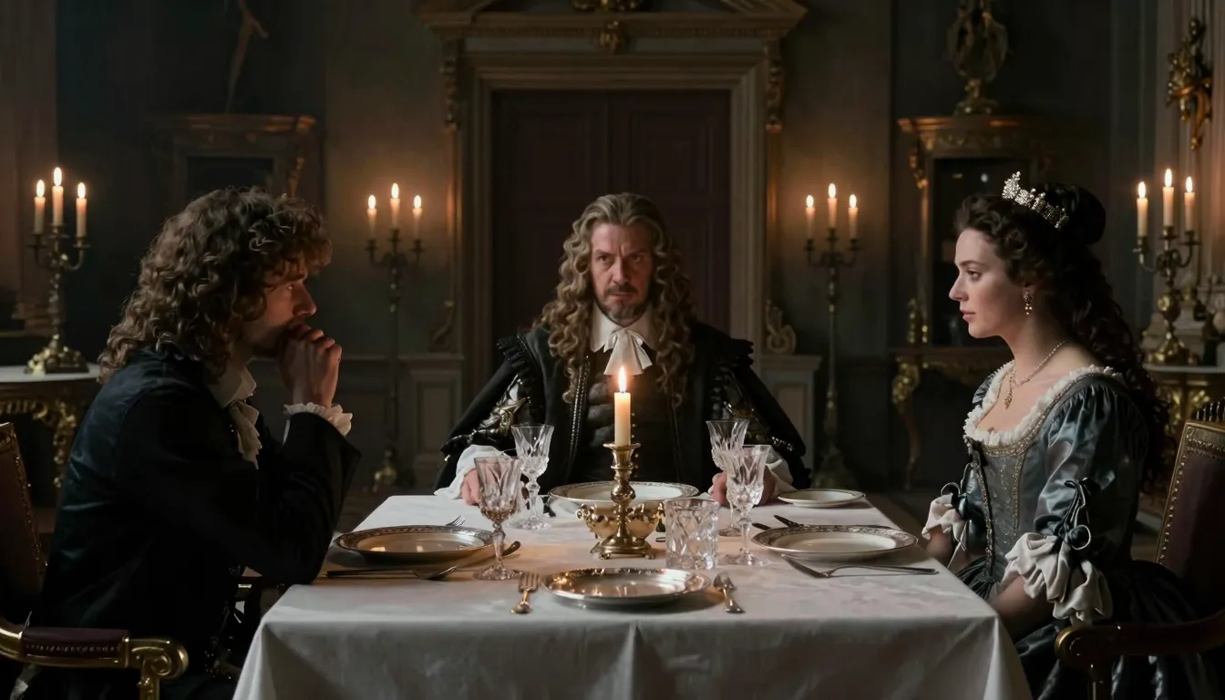 A dramatic 17th-century French dinner scene in a candlelit c...