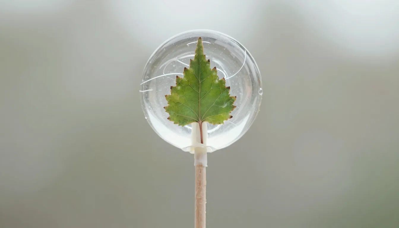 A stylish transparent lollipop with a wooden stick, inside t...