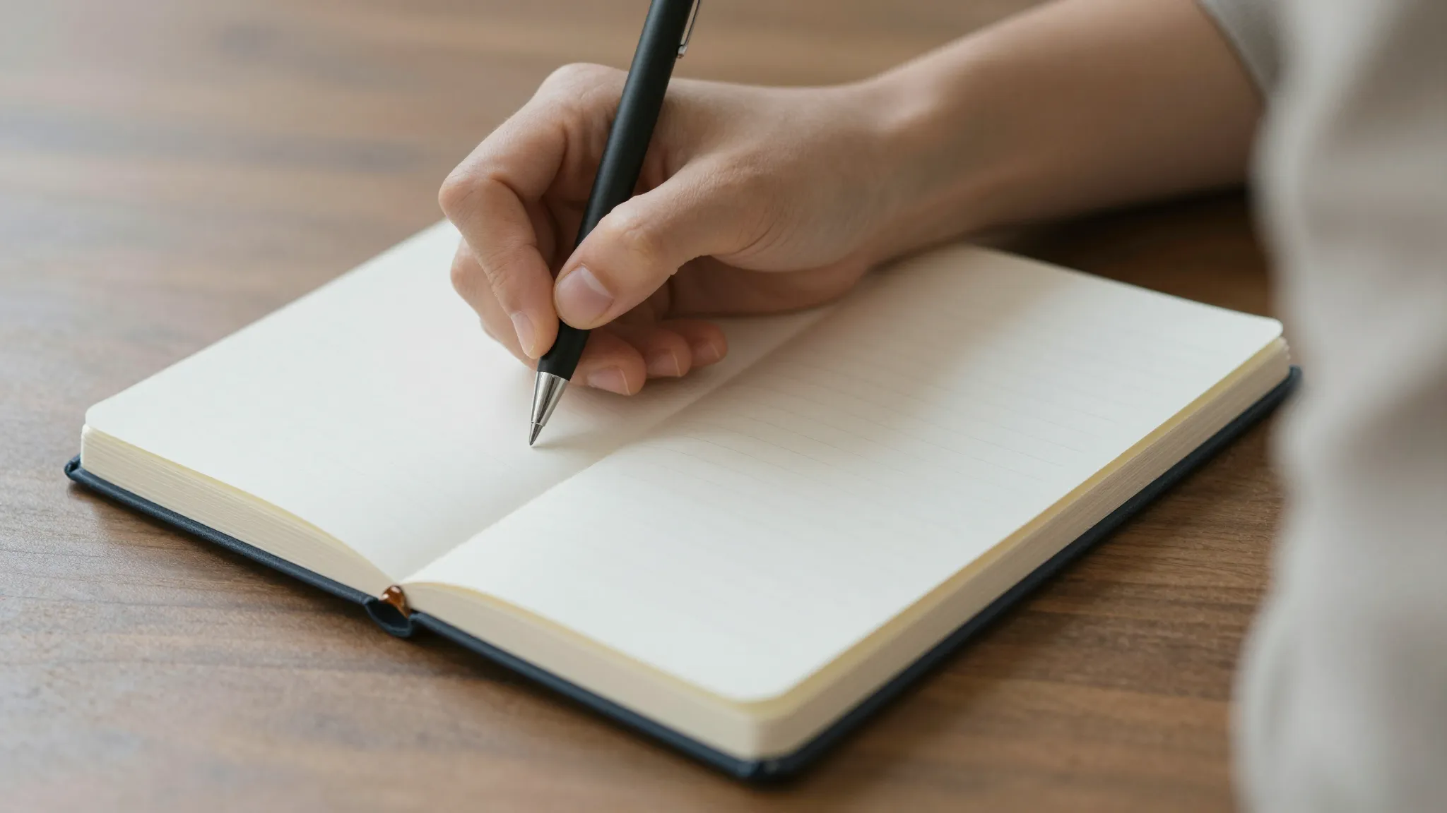 A person writing in a clean, aesthetic journal, soft morning...