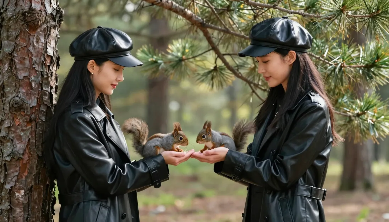 Side view, two stylish Chinese women in a pine forest standi...