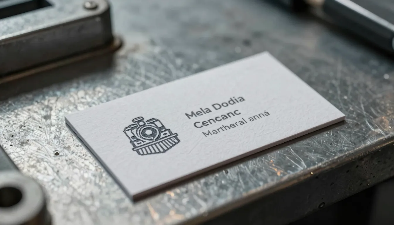 Close-up of a modern business card on a steel workbench, emb...