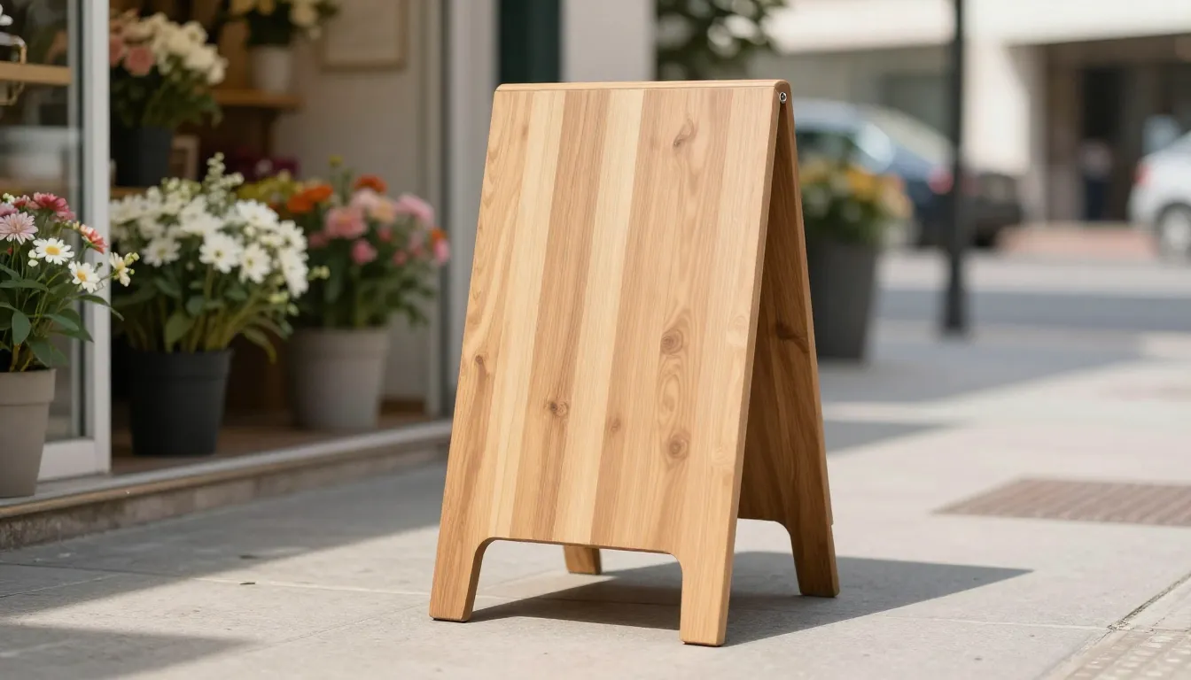 A minimalist wooden sandwich board sign on a sunny sidewalk ...