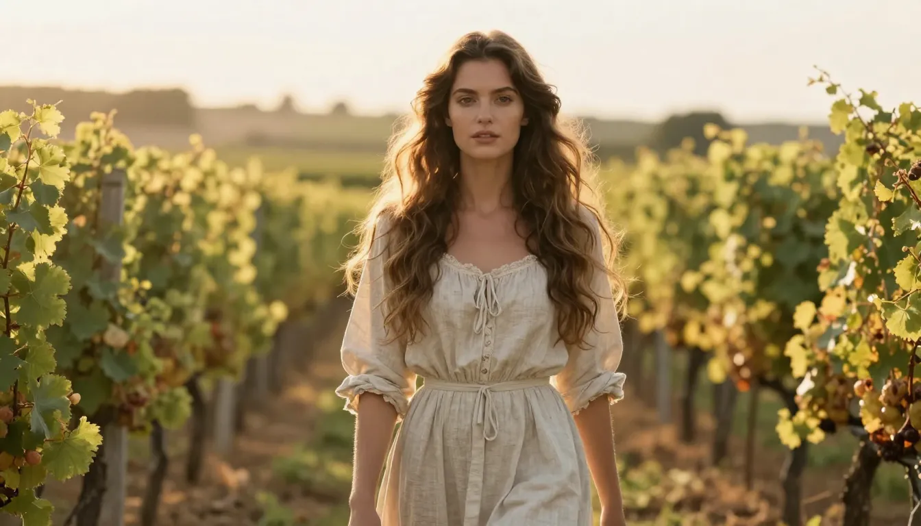 A beautiful young woman with long wavy hair standing in a su...