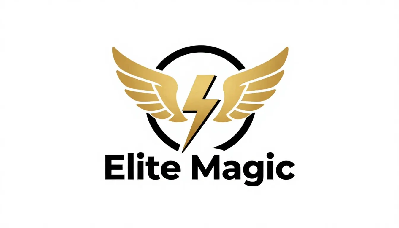 Minimalist logo design for 'Elite Magic', a stylized golden ...