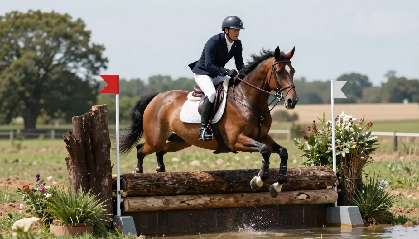 A rider on a horse navigating a natural cross-country course...