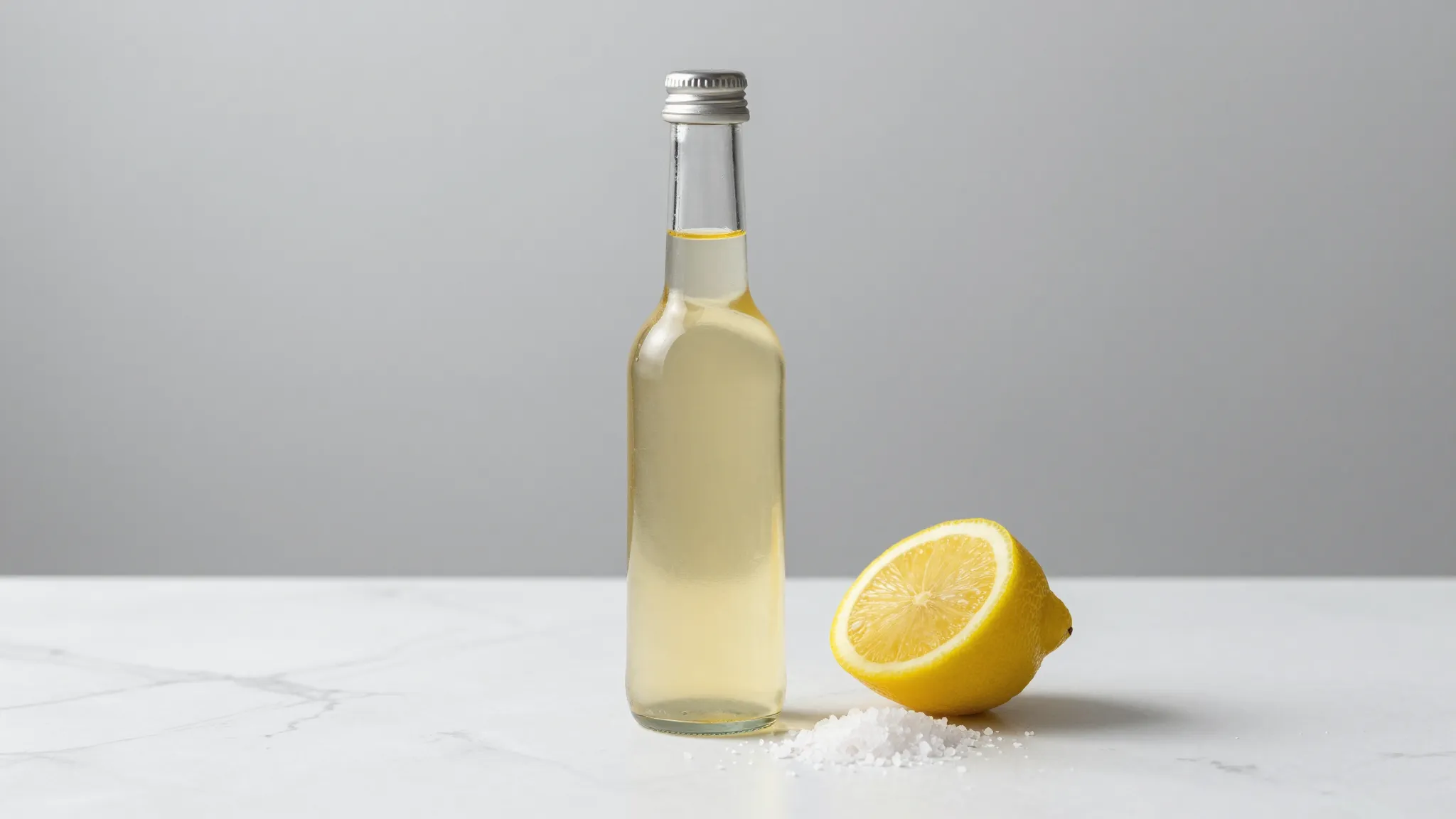 A minimalist and clean composition of a glass bottle of appl...