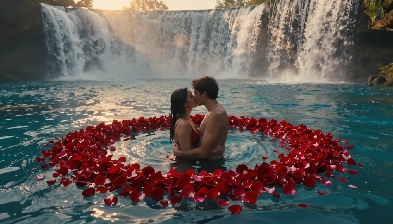 A cinematic shot of a couple kissing in the center of a swir...