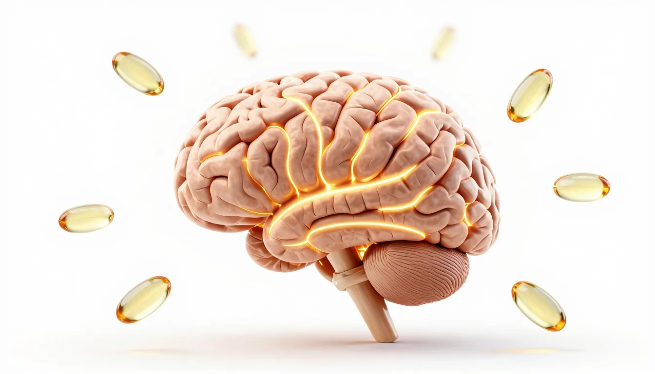 A stylized human brain glowing with golden energy lines, sur...