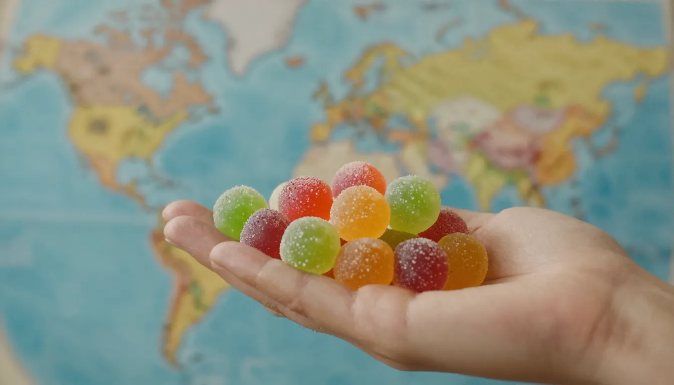 Close-up shot of a hand holding a colorful exotic candy, blu...