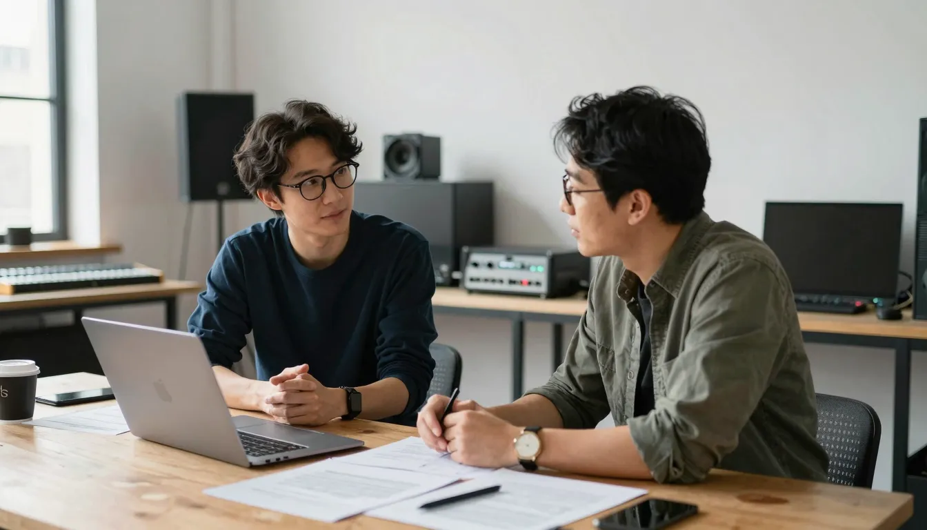 Two creative professionals discussing a project in a modern ...