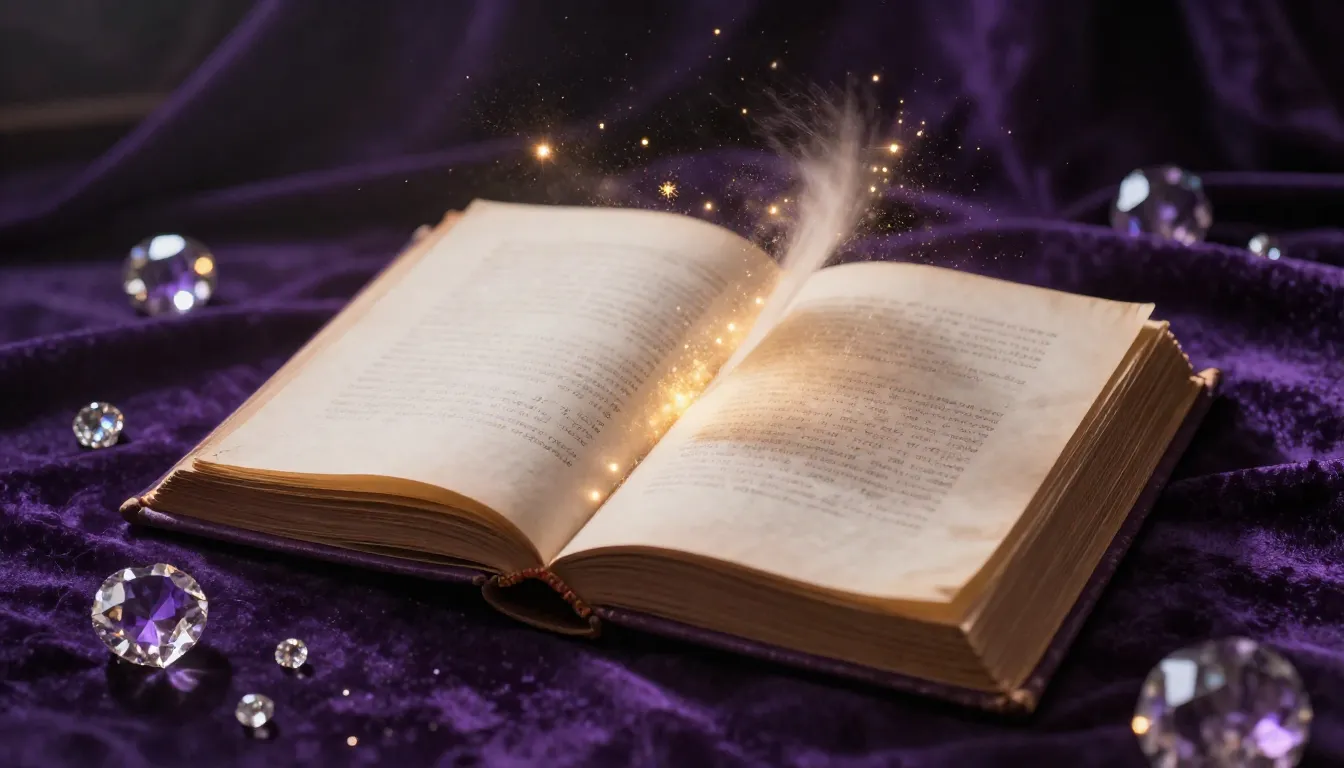 Vertical 9:16, an open ancient book of prophecies lies on da...