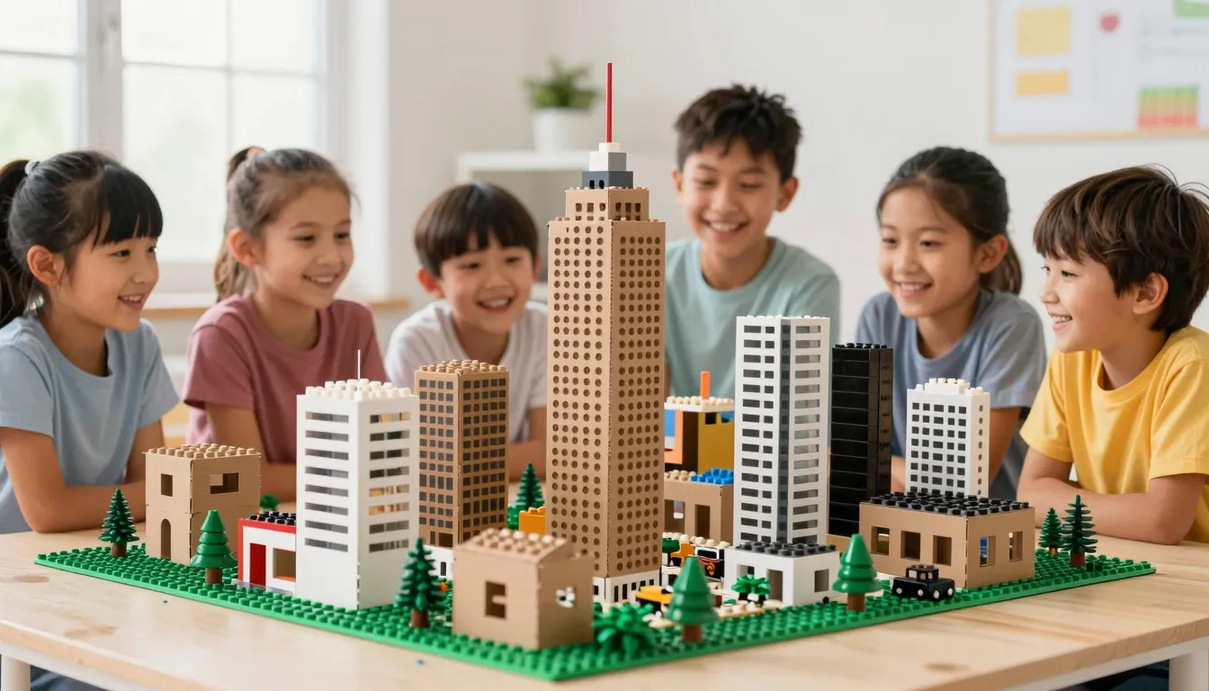 A group of happy children in a bright room presenting a larg...