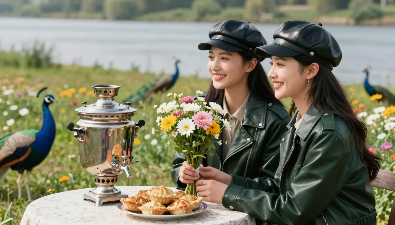 Two beautiful Chinese women with joyful smiles at a table by...