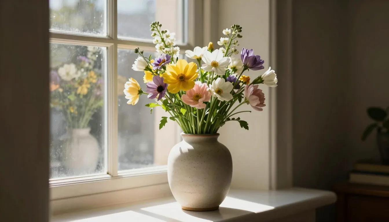 A bouquet of fresh spring flowers in a minimalist ceramic va...
