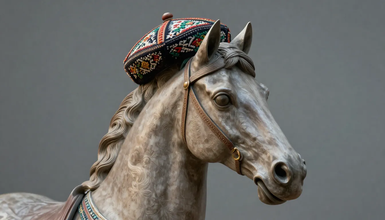 A detailed sculpture of a horse head wearing a traditional T...