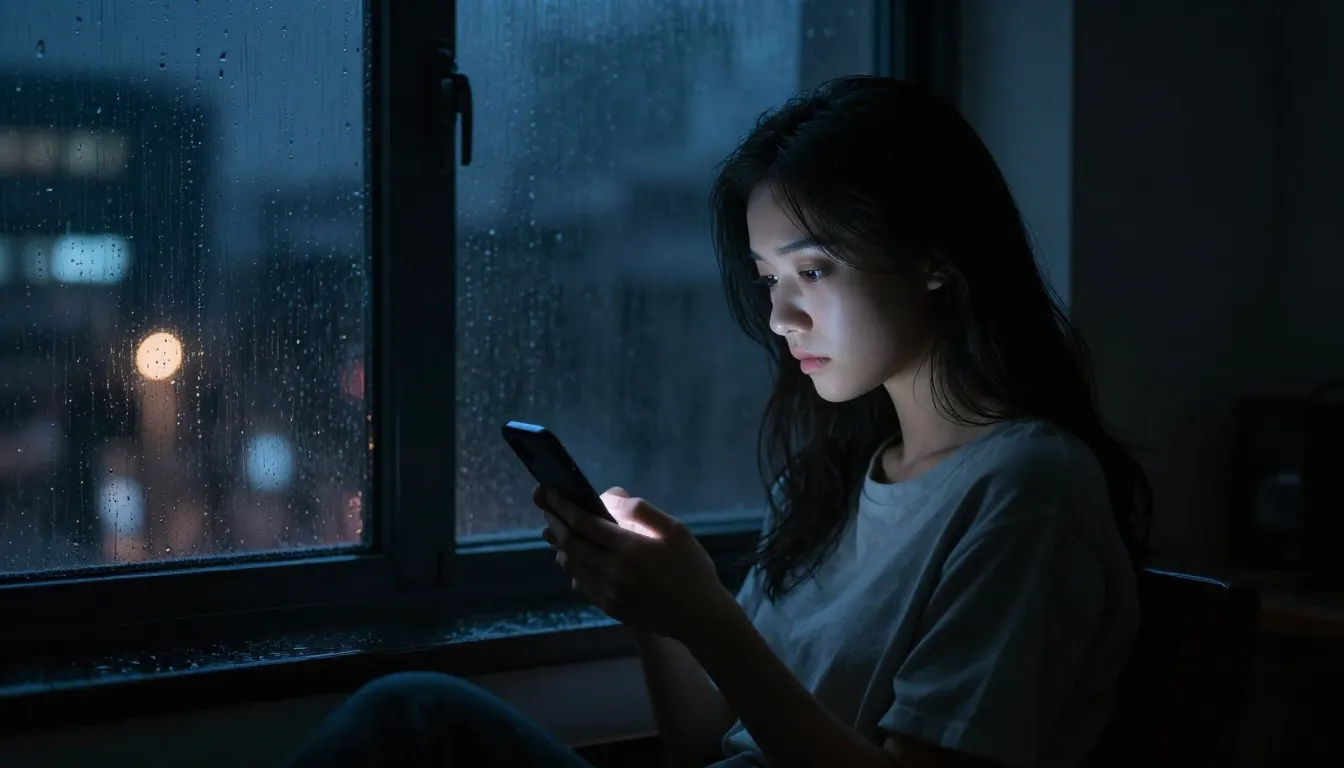 A lonely woman looking at a glowing smartphone screen in a d...