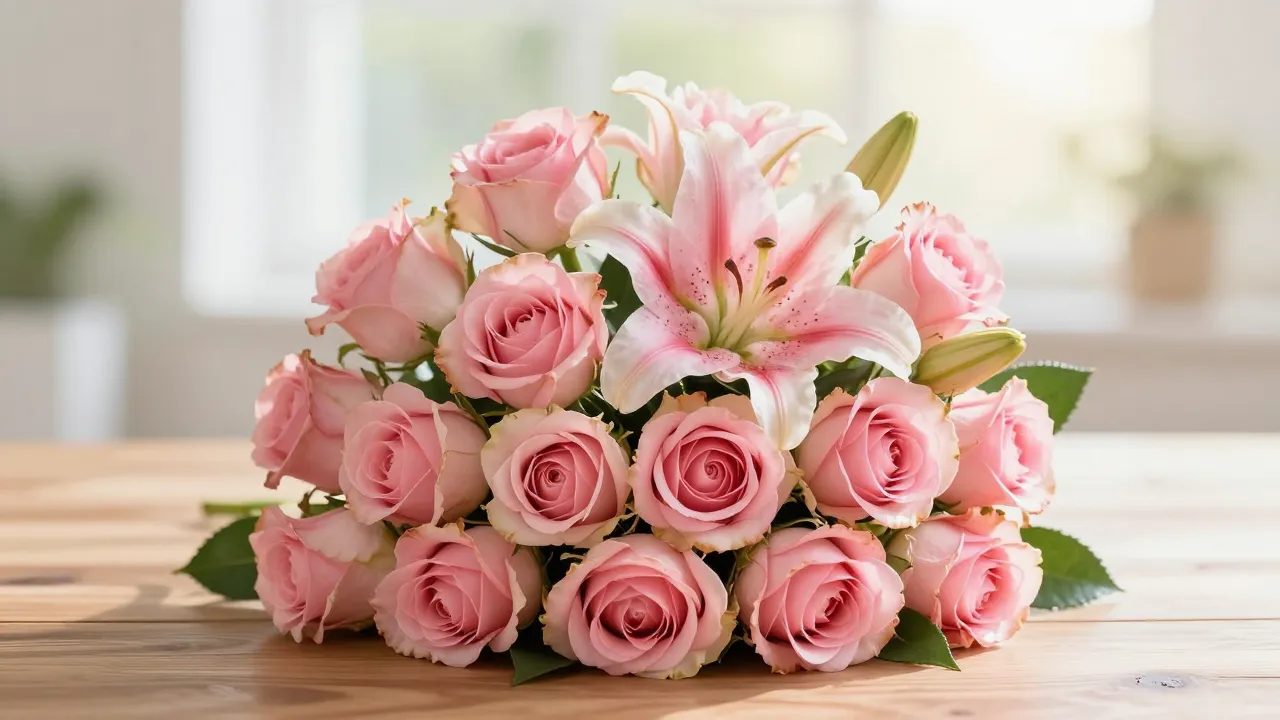 A beautiful bouquet of pink roses and lilies on a wooden tab...