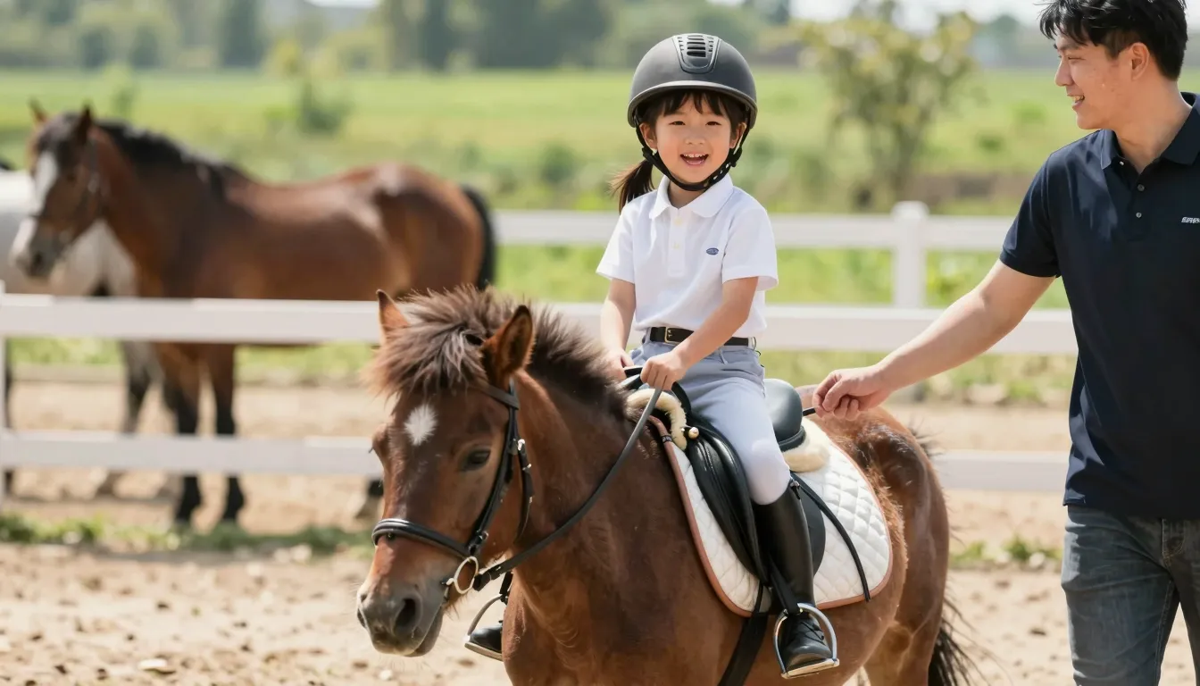 A happy child, around 5-7 years old, gently riding a calm, f...