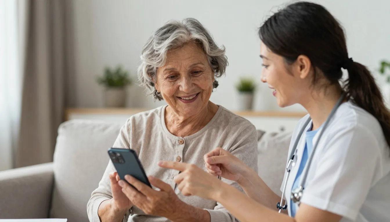 A kind elderly woman smiling while looking at a modern smart...