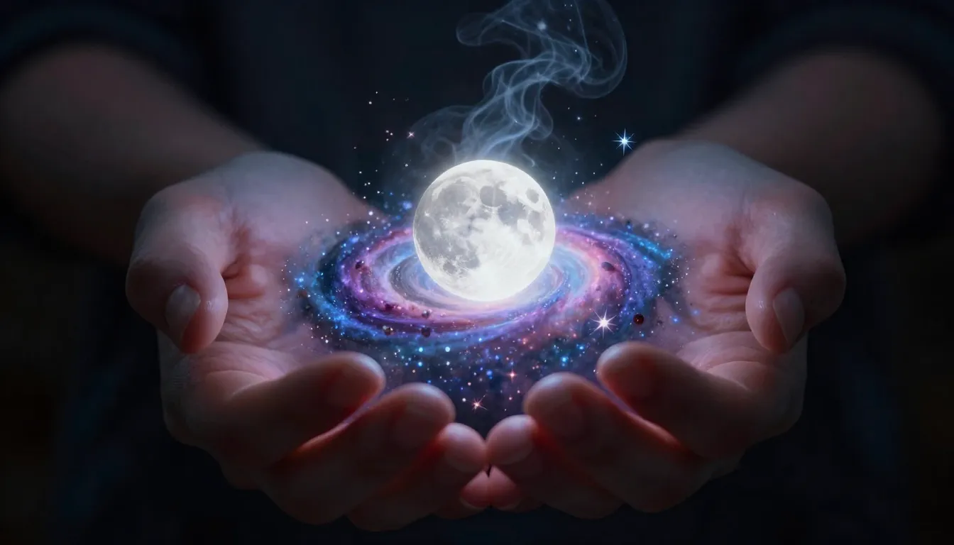 Close up of human hands holding a glowing miniature galaxy w...