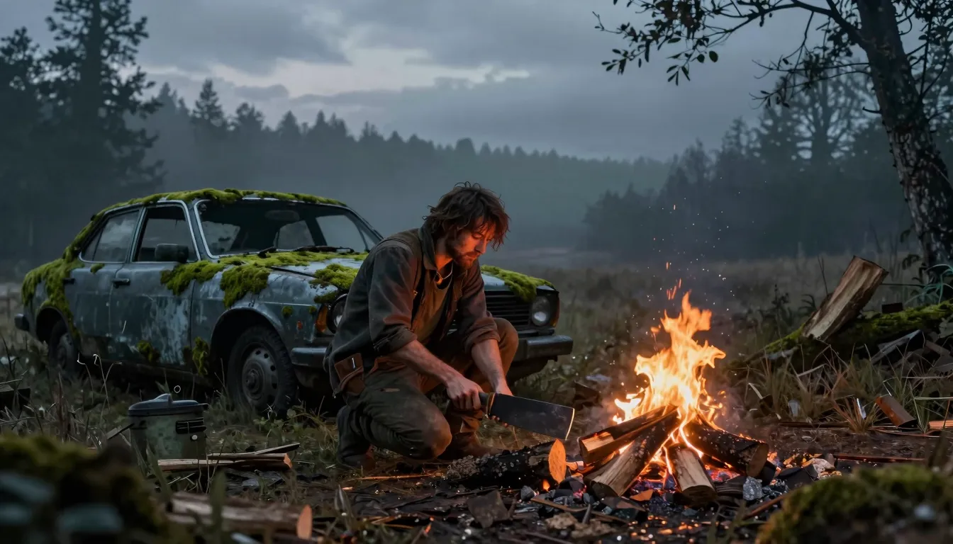 A wide atmospheric shot of a lonely character chopping wood ...