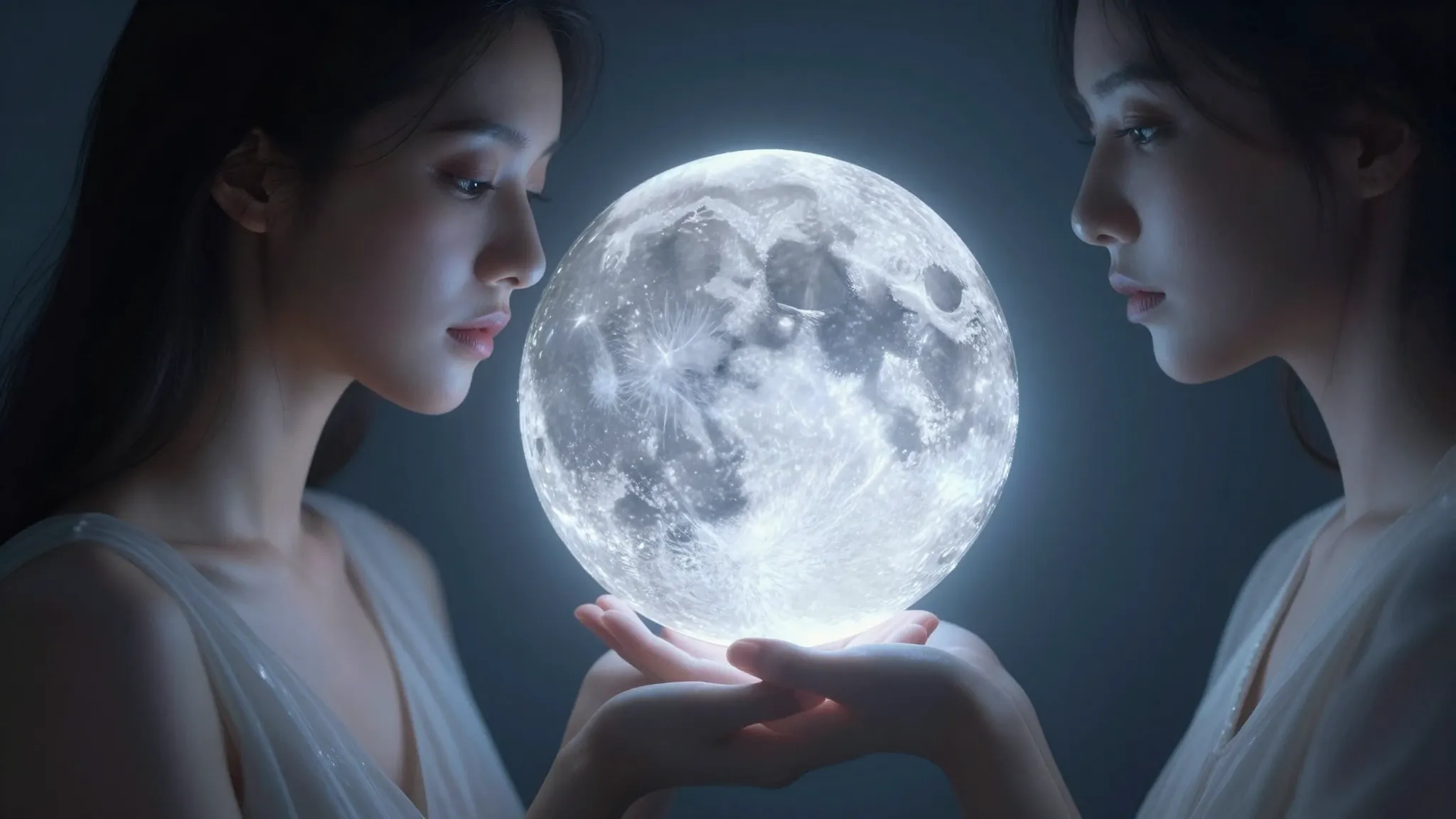 A nurturing woman holding a glowing silver moon in her hands...