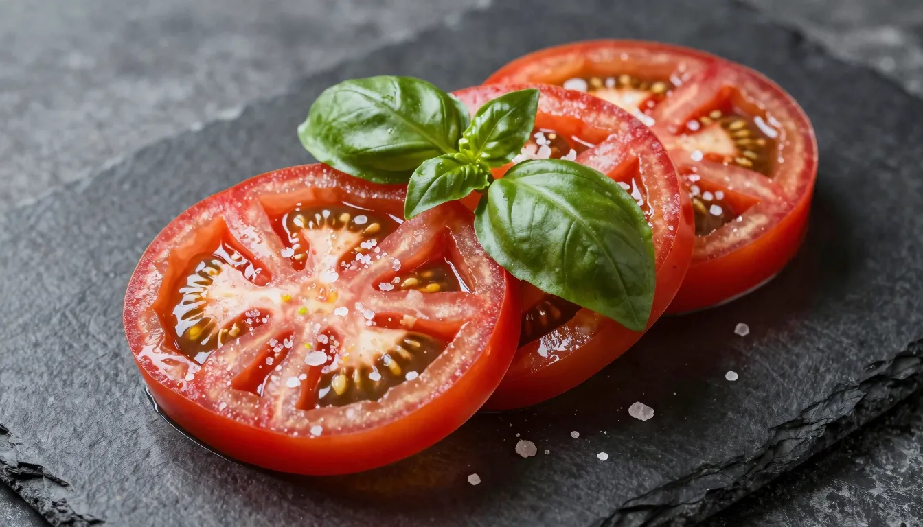 A beautiful composition of sliced red tomatoes with sea salt...