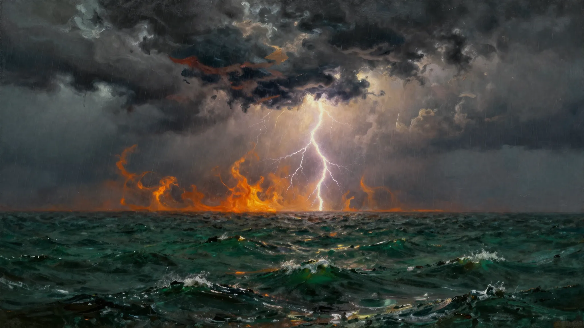 Cinematic oil painting, a horizon of liquid fire and dark st...
