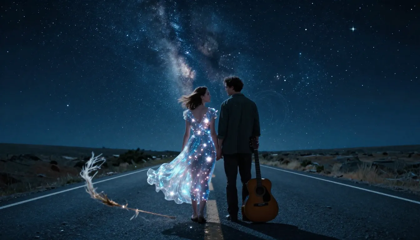 High-budget film still of an endless highway under a dense, ...