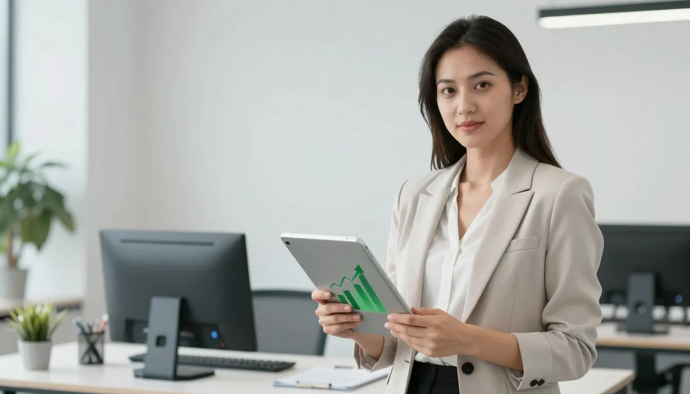 A confident professional woman in a modern office setting, m...