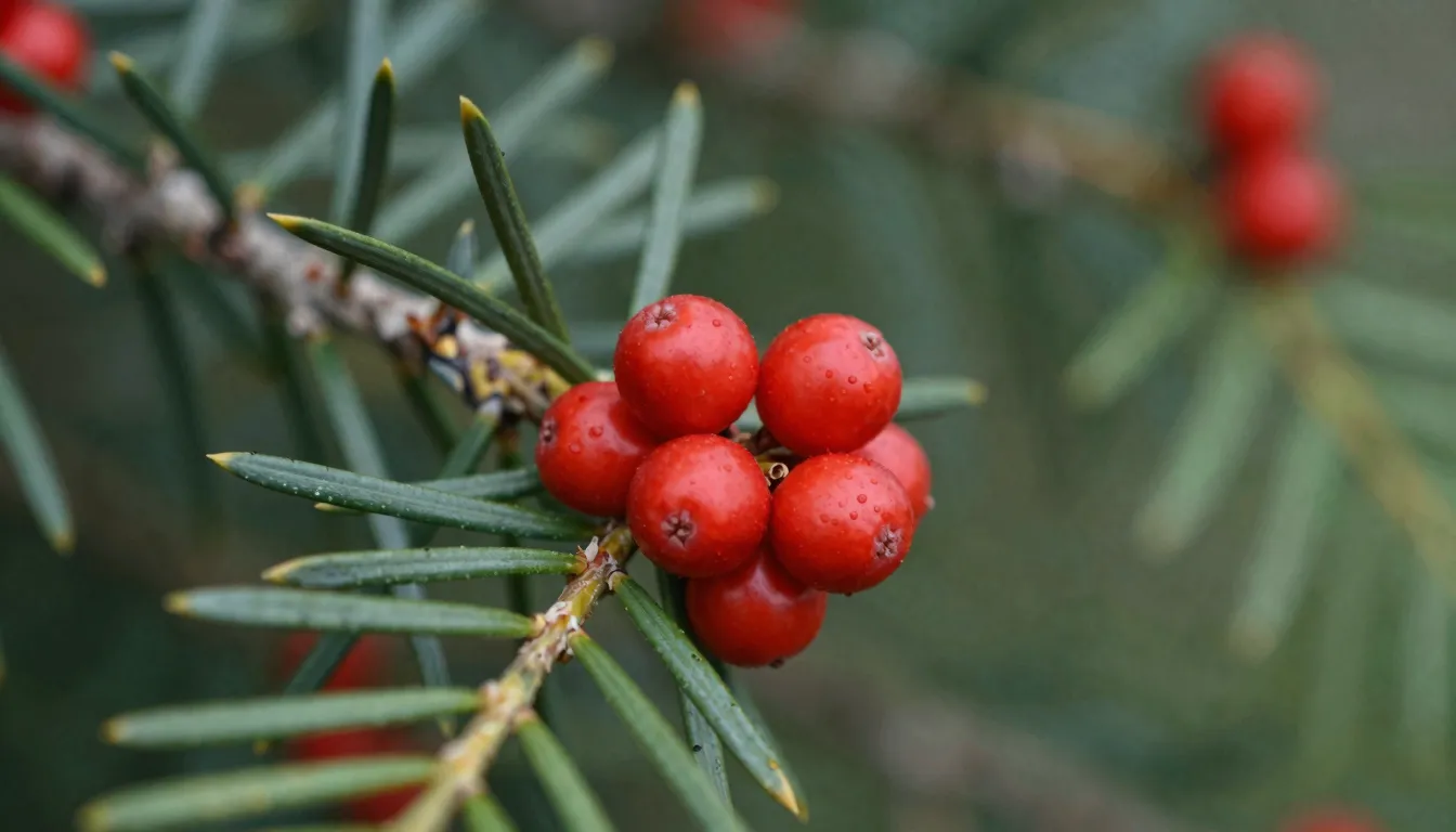 Detailed close-up of a Taxus baccata branch, English yew wit...