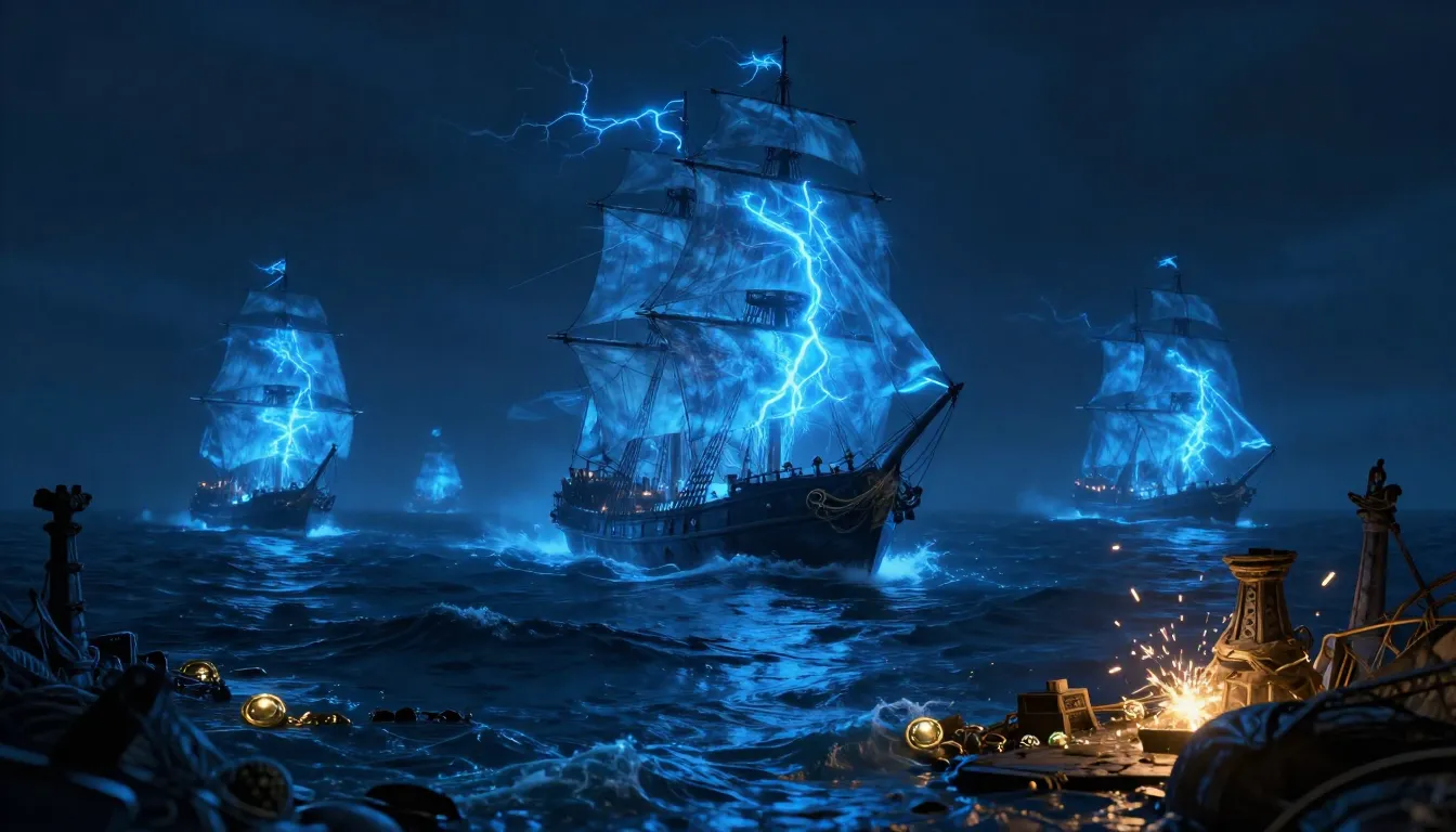 A mystical scene where the ocean meets the sky. Ghostly sail...