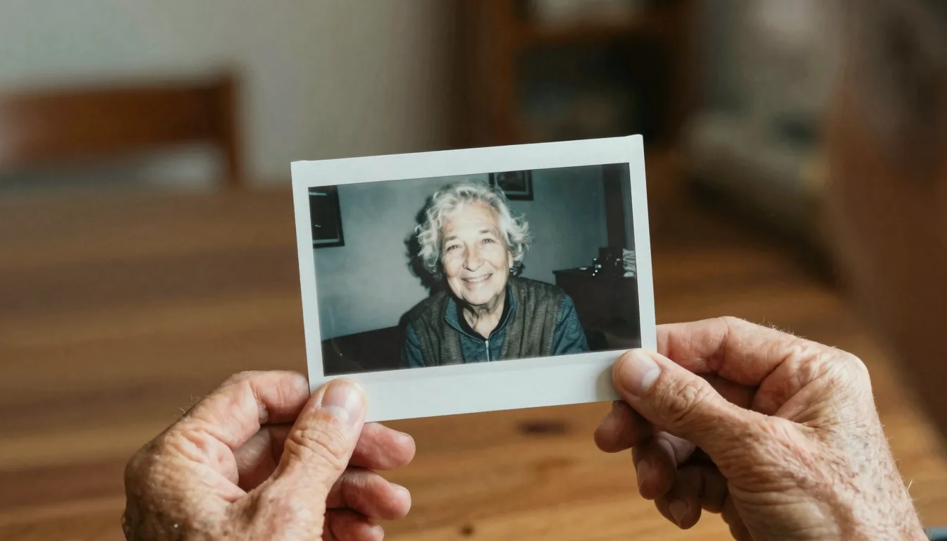 An elderly person holding a restored bright photo and smilin...