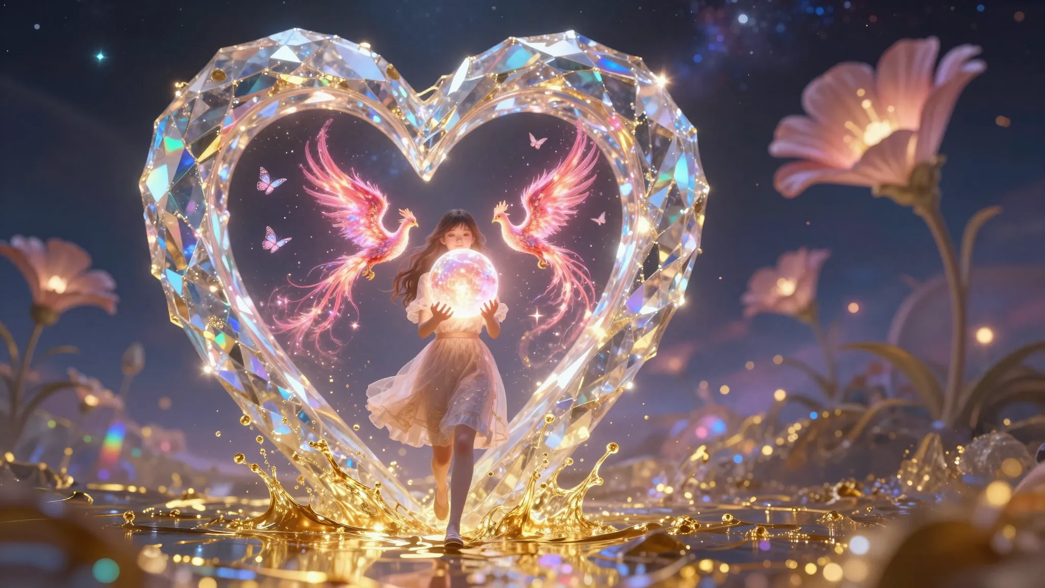 A breathtaking cinematic scene of a girl walking through a g...