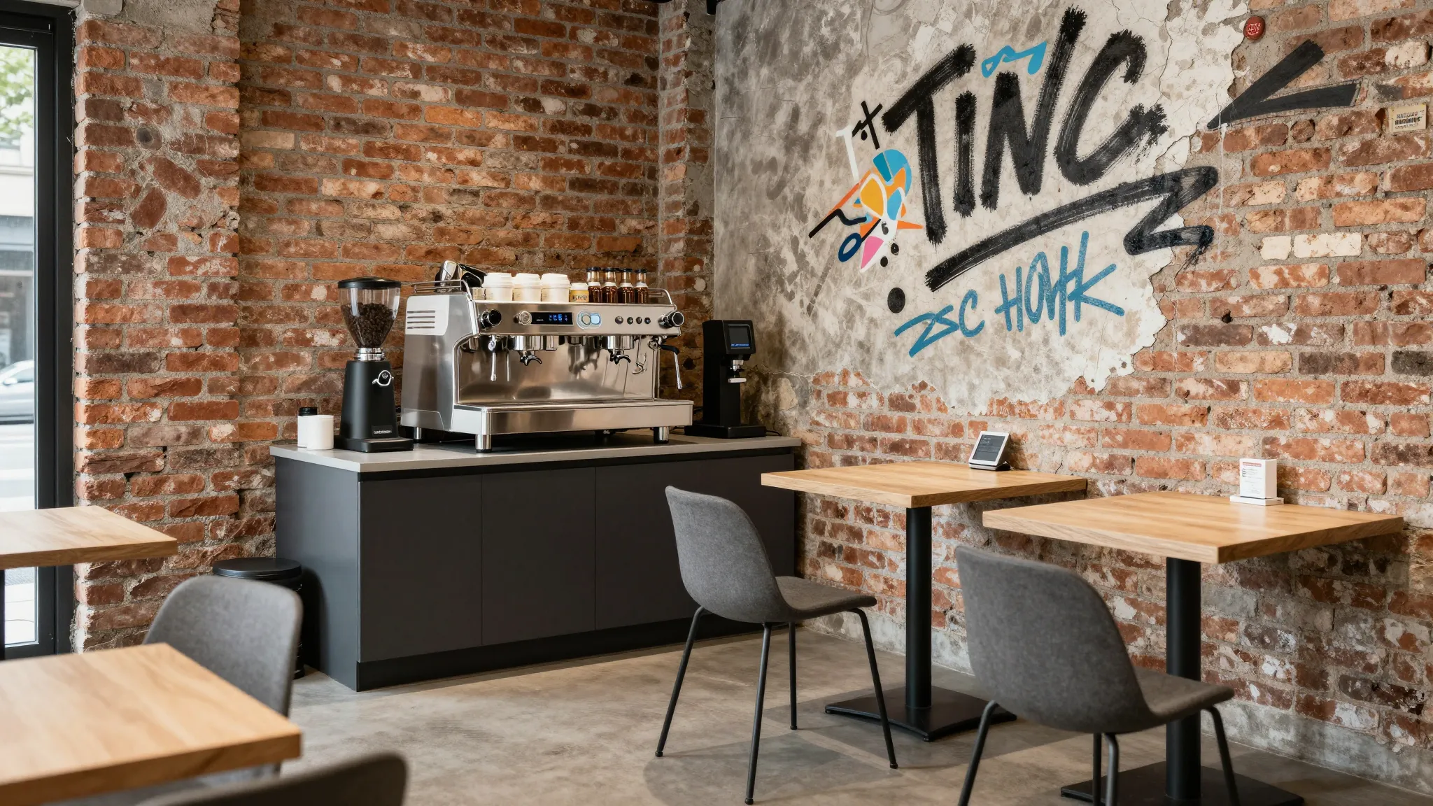 Urban industrial interior of a nutrition lounge, raw brick w...