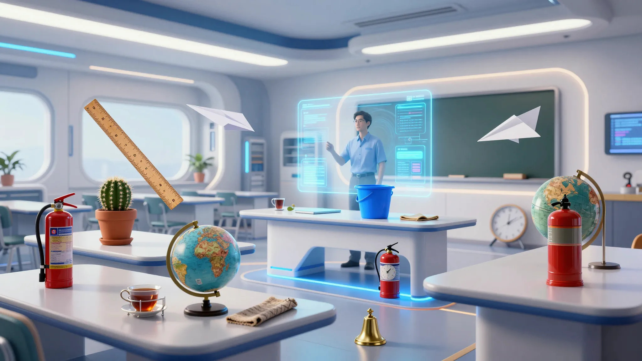Ultra-detailed wide shot of a futuristic school classroom in...