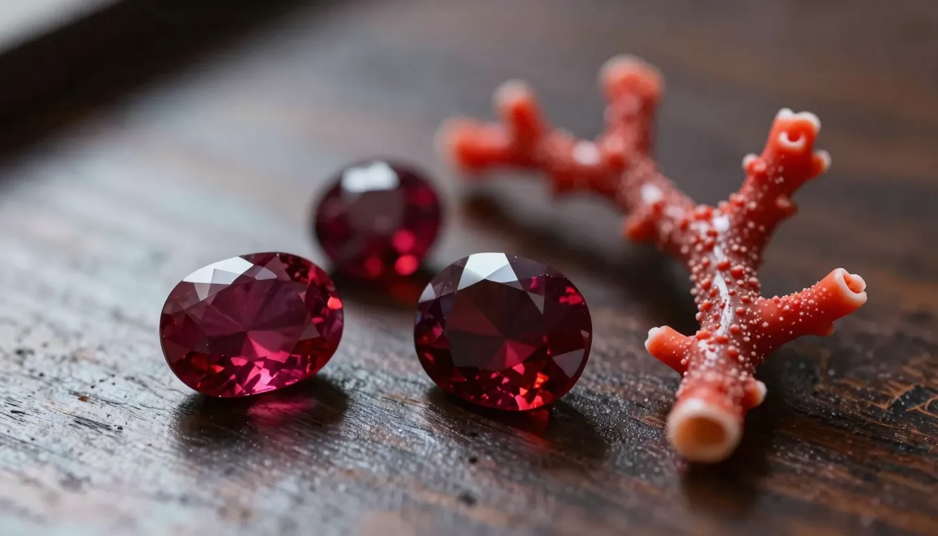 Three red gemstones: a faceted ruby, a dark red garnet, and ...