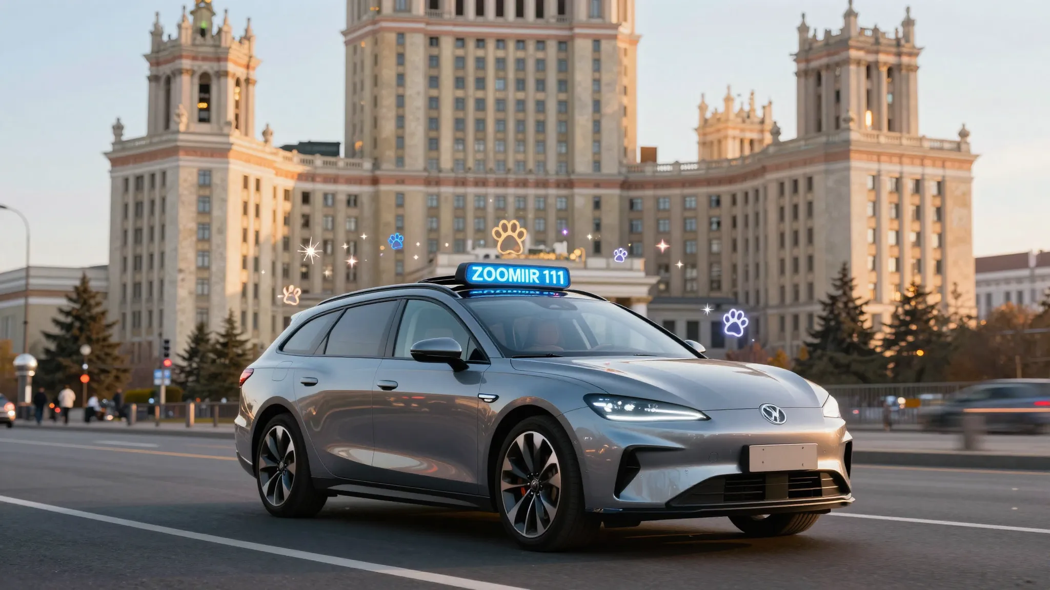 A stylish station wagon car driving through a futuristic Mos...