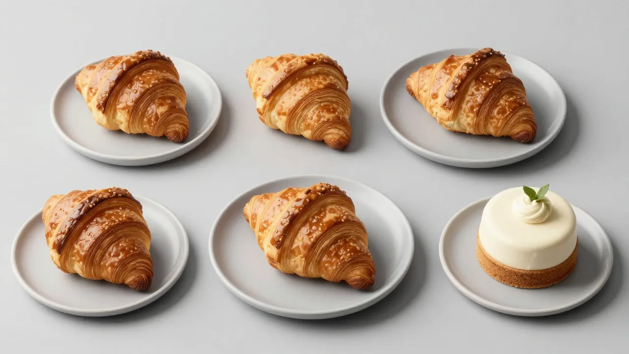 Top view of a variety of croissants and delicate cakes on li...