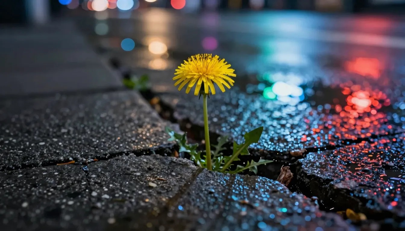 A bright yellow dandelion growing through a crack in dark gr...