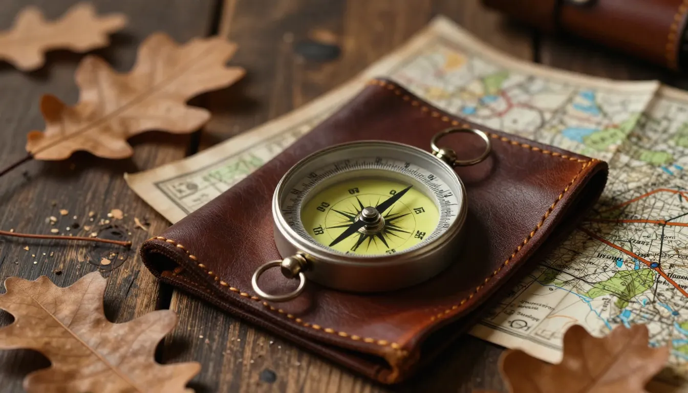 A close-up of a classic compass and a sturdy leather map on ...