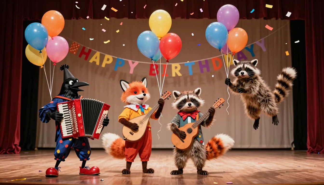 A group of animals in clown costumes on a theater stage: a c...