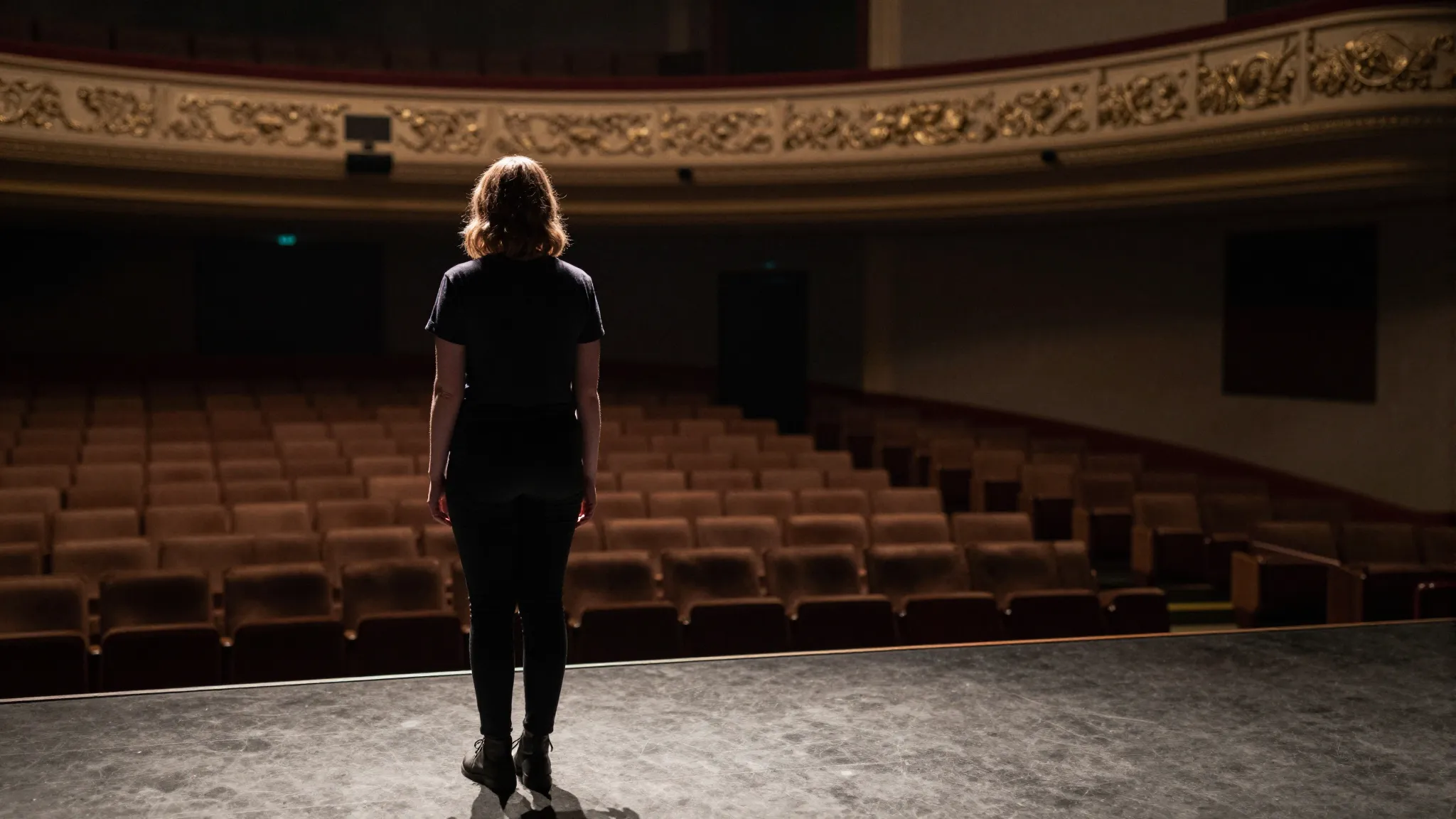 A lonely woman standing on a theater stage looking at an emp...