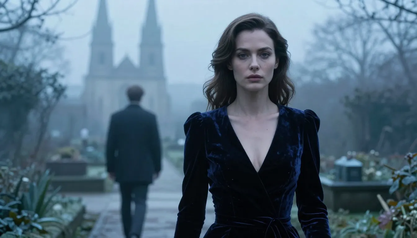 A cinematic shot of a proud, elegant woman in a dark velvet ...