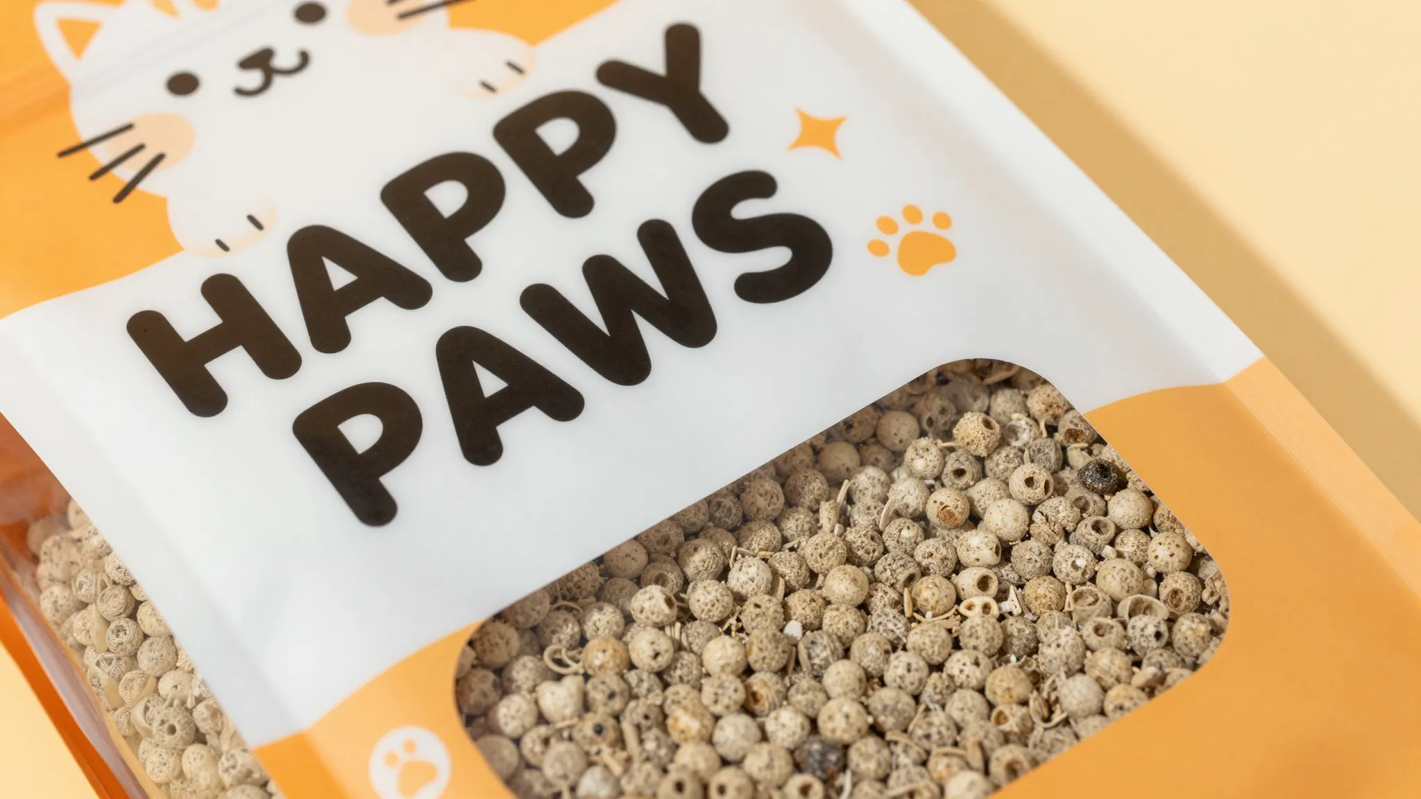 Close-up of a cat litter packaging design, bright and playfu...