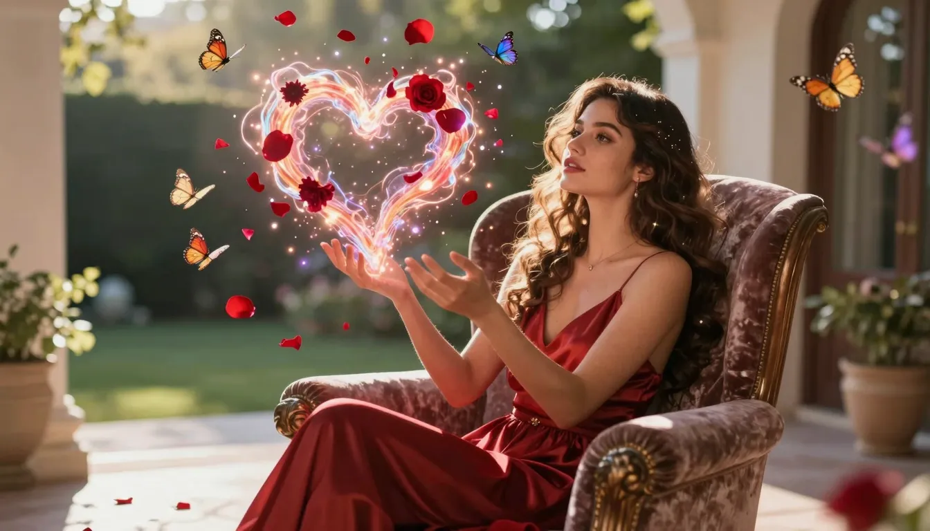 A stunning young woman sitting in a luxurious velvet armchai...