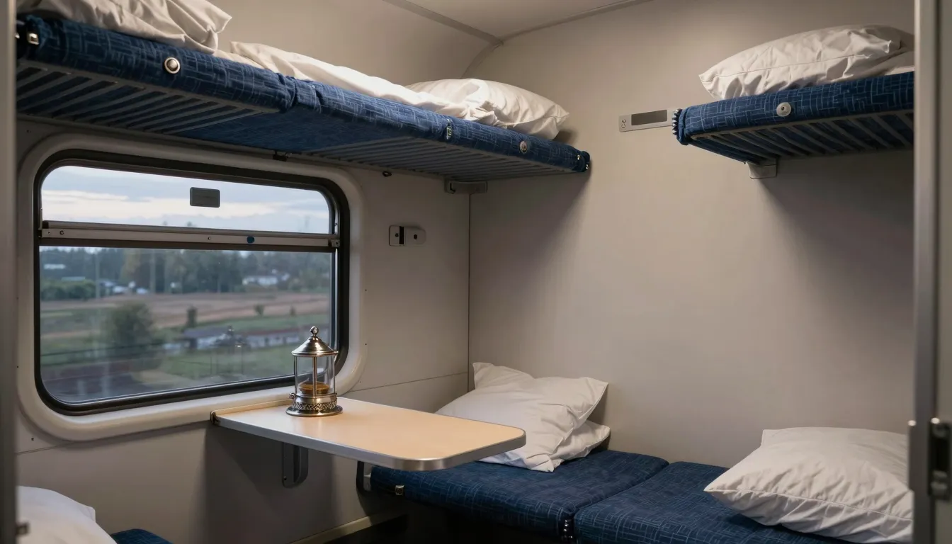 Interior of a modern Russian train compartment (kupe), cozy ...