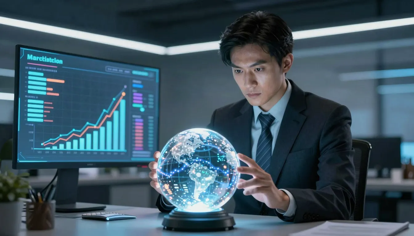 A modern wizard in a sharp suit looking at a glowing crystal...