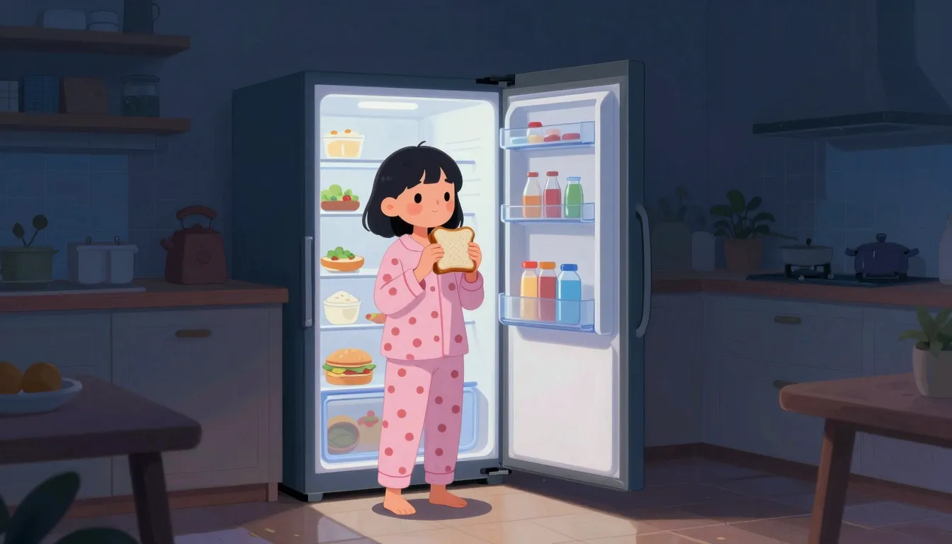 A humorous illustration of a girl in pajamas standing in fro...