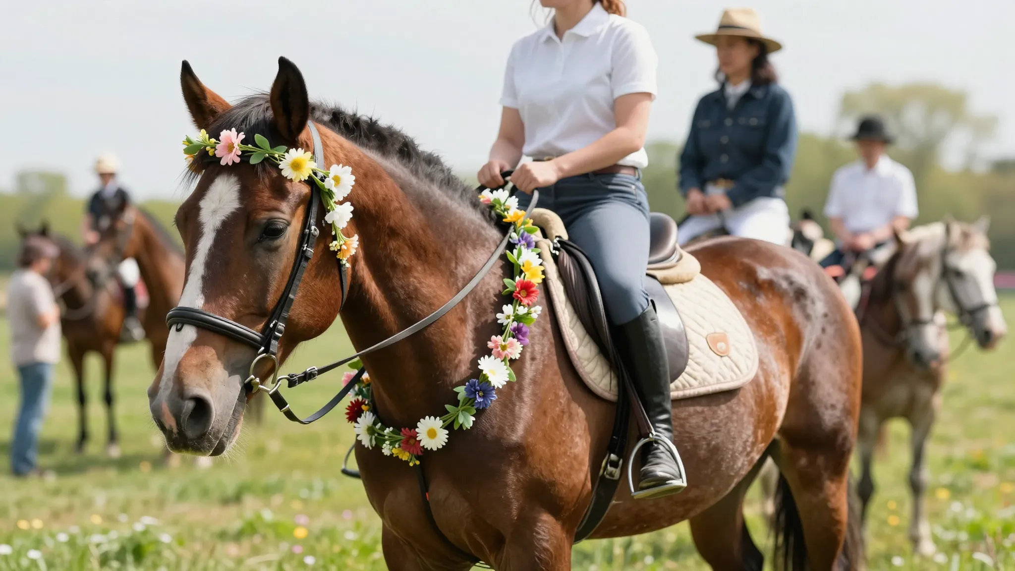 A festive and joyful image of a horse adorned with a small, ...